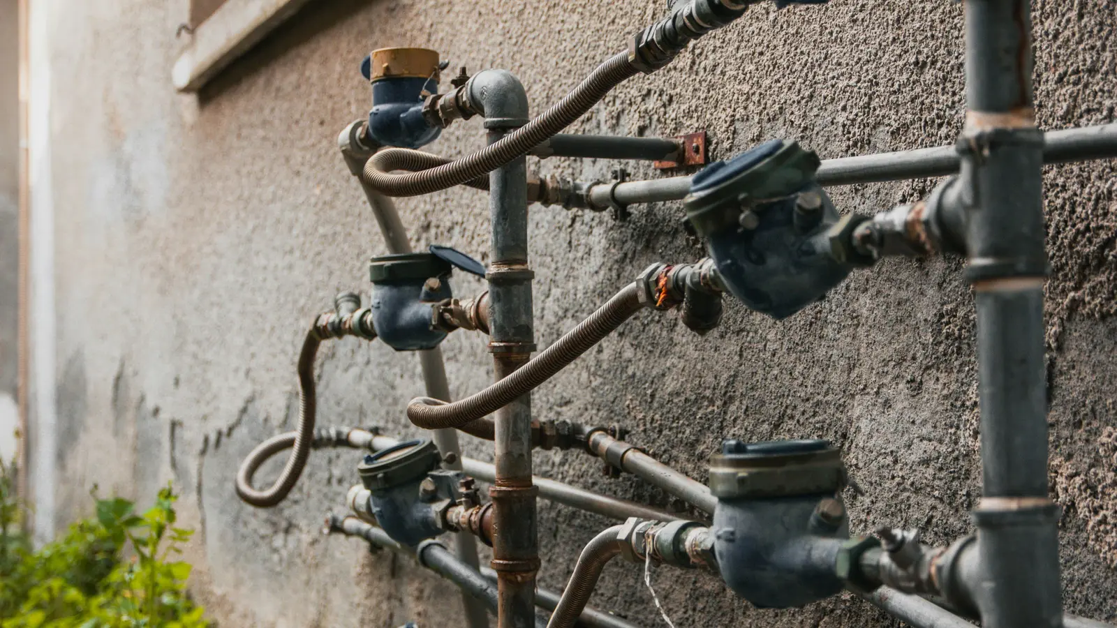 Water meters and supply pipework mounted on an exterior wall