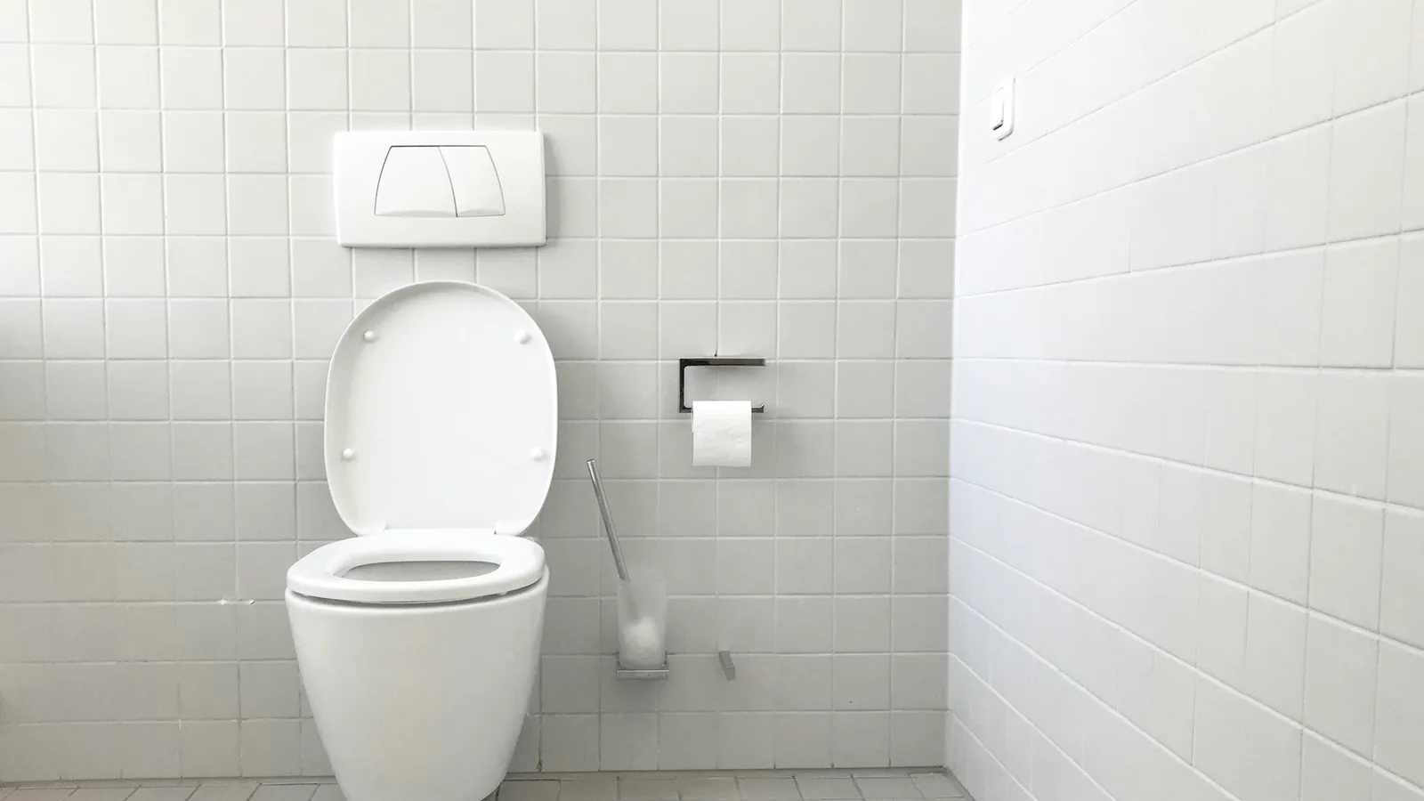 A wall-hung toilet and concealed cistern flush plate in a tiled bathroom