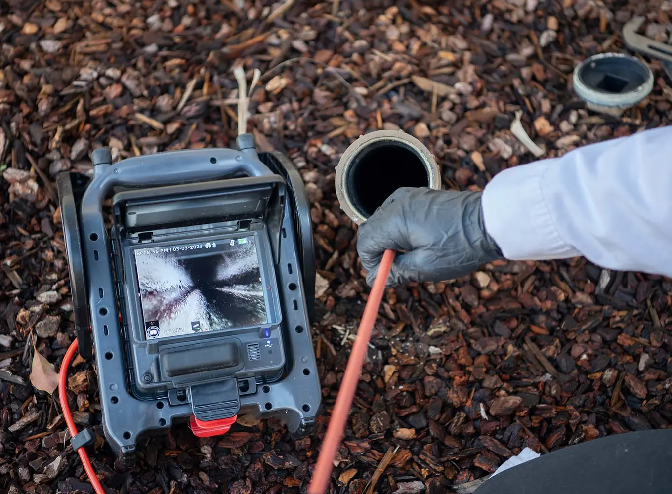 A drain camera monitor showing the inside of a pipe while the cable is fed into a cleanout